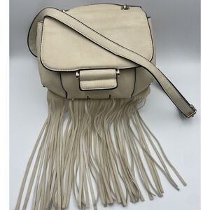 Ivory‎ Fringed Faux Leather Crossbody Hobo Bag Purse -Black Trim -Festival